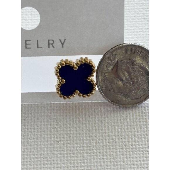Gold-Tone Blue  Stud Earrings With Beaded Edges - Picture 3 of 8